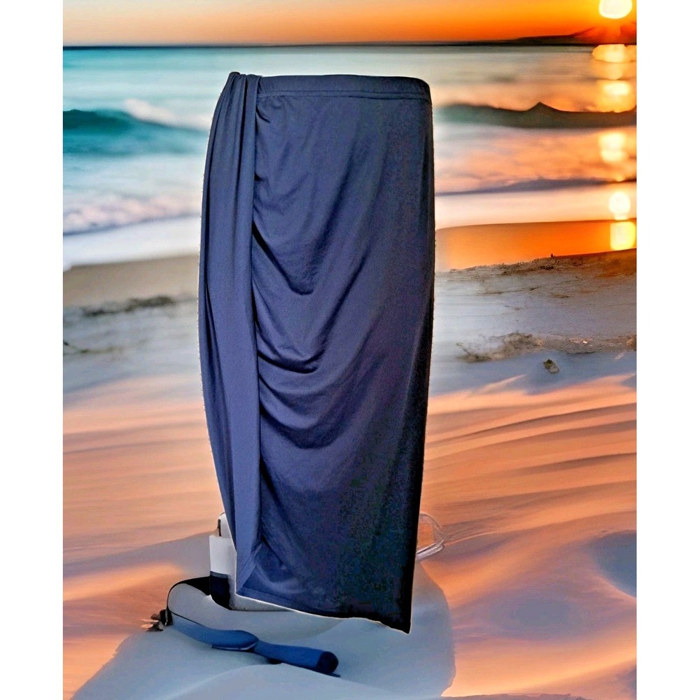 Faux Wrap Maxi Skirt L Dark Blue Elastic Waist Cover-up Beachy Resort Wear Boho